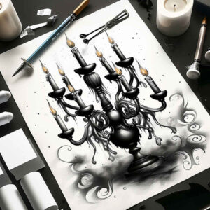Chandelier drawing on paper in black and grey with ink bottle and pens nearby; AI-generated tattoo project, cover-up ready.