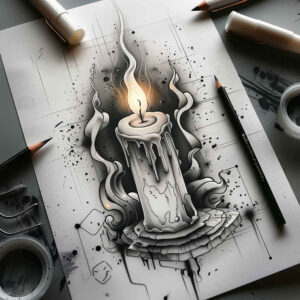 Black and grey candle tattoo design with a lit flame, dripping wax, and sketchy ink lines; project idea suitable for cover-up.