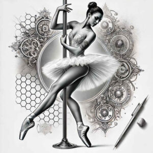 Dancer on a pole in a flowing dress, ornate mandala background; black and grey fine-line tattoo idea, project.