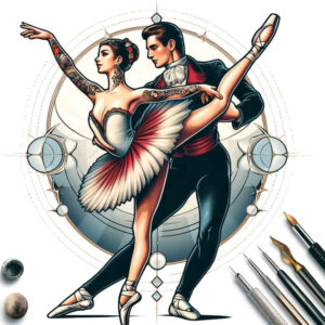 Dancing woman and man in motion against a circular backdrop; color illustration with visible brushes and palette, a tattoo design concept.