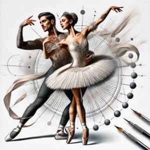 Man and woman ballet dancers wearing tutus in a black and grey fine-line tattoo design, surrounded by a circular geometric swirl and musical notes; project idea, suitable for cover-up.