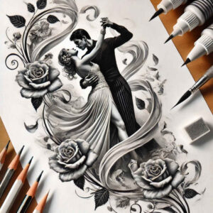 Dancing couple in black and grey ink with roses and ornamental flourishes; tattoo design project, suitable for a cover-up and showing intricate pattern.