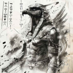 Black and grey Horus-inspired falcon-headed warrior in armor with outstretched wings and left-side hieroglyph glyphs; concept tattoo idea, cover-up ready.