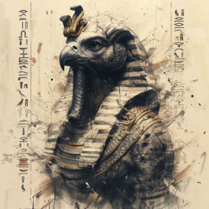 Falcon head with crown and geometric hieroglyph linework, sepia-toned black-and-grey palette; project idea, not a final tattoo.