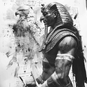 Horus falcon-headed figure with nemes headdress and staff depicted in black and grey; tattoo concept, project idea, perfect cover-up.