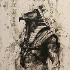 This black and grey Horus-inspired falcon-headed deity tattoo design concept, featuring armor, necklace, and hieroglyphic background; AI-generated concept; perfect for a cover-up.