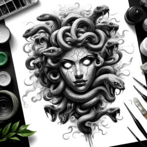 Medusa head with curling snakes in black and grey on white paper; tattoo design concept, AI-generated tattoo project, suitable for cover-up.
