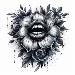 Flower with lips center, leaves around, black and grey, project idea, cover-up ready.