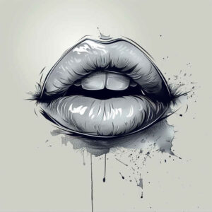 Lips in black and grey with watercolor splatter; tattoo design concept for cover-up.