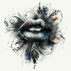 Lips, floral elements, and feather shapes in black and grey with blue and orange accents; a cover-up-ready tattoo design concept.