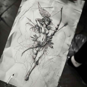 Winged fairy figure in black and grey pencil sketch with flowing robes and delicate wings; project idea, suitable for a tattoo design.