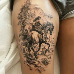 Black and grey horse, rider, trees, and ground in a forest scene; cover-up-ready tattoo design project.