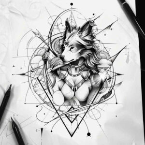 Wolf head with stylized female torso, geometric frame, black and grey line work; tattoo project, suitable for cover-up.