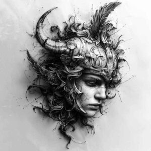 Black and grey tattoo design of a gothic woman with a horned crown, flowing hair, and feathers; a cover-up-ready concept.