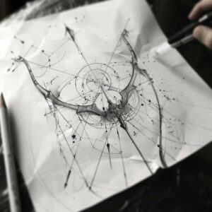 Circle geometric mandala on white paper in black and grey line work; AI-generated tattoo project concept.