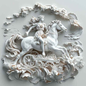 Horse and rider on a stone relief chariot scene, black and grey tattoo design idea, not ideal for cover-up.