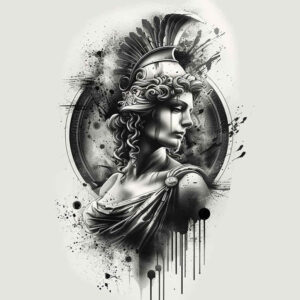 Warrior goddess in black and grey with ornate helmet, plume, circle background, drape, and ink splatters; project idea for a cover-up.