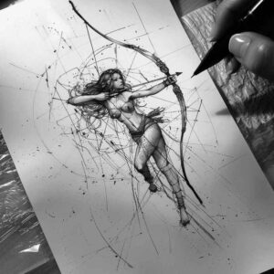 Black and grey illustration of a woman archer with a bow and arrow, ink splatter textures; a design concept for a cover-up tattoo project.