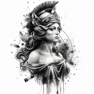 Woman with feather headdress and floral accents, black and grey; tattoo design concept, project idea, cover-up ready.