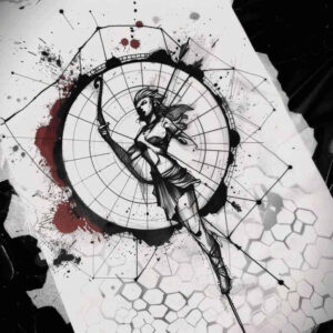 Circle with dancer inside a geometric grid, black and grey shading with red splatter on a cracked background; cover-up tattoo project idea.