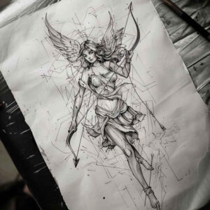 Black and grey drawing of an angel with wings, bow, arrow, and dress; fine line tattoo project; suitable for a cover-up.