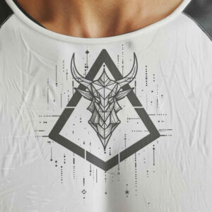 Skull with horns inside a hexagon, geometric lines and dripping details in black and grey; tattoo design project.