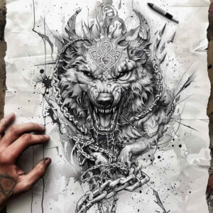Snarling wolf head on sketch page in black and grey with ink splatters pattern, held by a hand; AI-generated cover-up tattoo design idea.