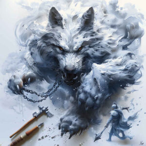 Wolf head in black and grey watercolor with chain and dagger; tattoo design concept for cover-up.