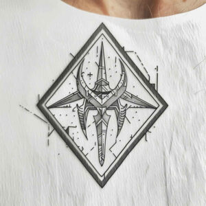 Black and grey ram skull with horns inside a geometric diamond frame; bold linework, tattoo design concept, project idea; suitable for a cover-up.