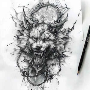 Wolf head with horn and pencil visible in black and grey linework; tattoo project idea, cover-up suitable.