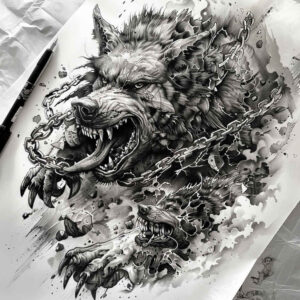 Wolf head in black and grey with thorny branches; a dark tattoo design concept—great for cover-up.