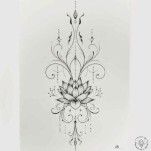 Lotus, filigree, and ornamental linework in black and grey; tattoo project idea, suitable for a cover-up.