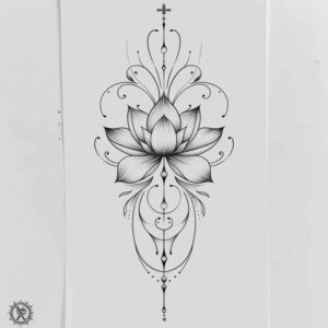 Lotus, mandala, and filigree elements in black and grey; project idea; not ideal for cover-up.