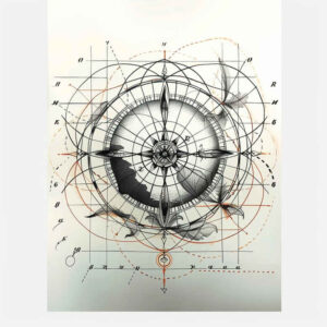 Circle, gears, lines, arcs, grid in black and grey; project concept; not ideal for cover-up.