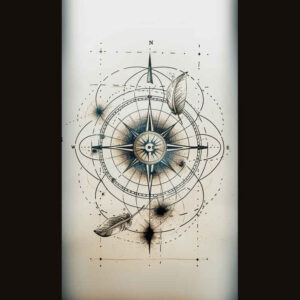 Compass, circle, line, dot, blot visible; black and grey linework with blue-grey accents; linework tattoo design project on light background.