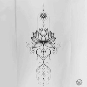 Lotus, mandala, and stamp in black and grey; project tattoo design; not ideal for cover-up.