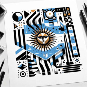 Sun with a face inside a blue diamond over a black-and-white geometric pattern; color tattoo design project; not suitable for cover-up.