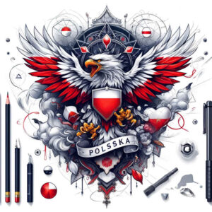 Polish crest tattoo design in black and grey with red shield accents; eagle with crown and POLSKA banner; ornamental pattern; project idea; cover-up-ready.