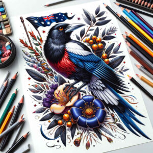 Colorful magpie with blue and red plumage perched beside a vivid blue flower and green leaves; a concept color tattoo design, indicating cover-up potential.