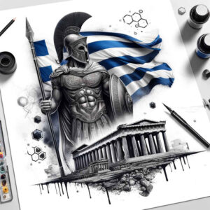 Greek warrior statue in black and grey with a blue flag, Parthenon temple, spear, and shield; tattoo project idea; suitable for cover-up.