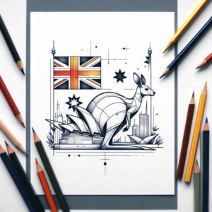 Australian flag with wave motif framed in a pencil sketch, black and grey tattoo design idea; cover-up potential.