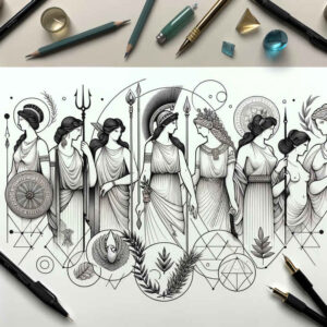 Black and grey fine line tattoo concept showing figures, shields, spears, and circular geometric patterns; project idea, cover-up ready.