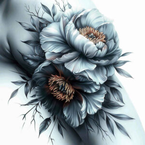 Two blue-gray lotus flowers with brown centers, layered petals, and leaves on a white background; colored tattoo design idea; suitable for a cover-up.