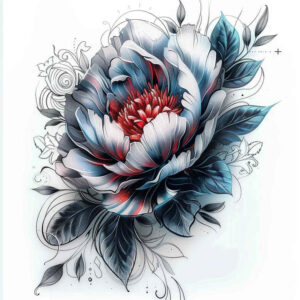 Blue-tinted lotus flower with white petals and red center, blue-green leaves, black linework; project idea; not specifically for cover-up.