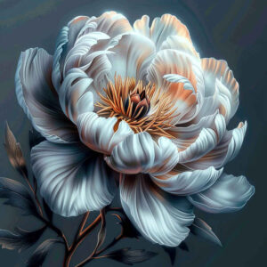 White peony with orange center on a dark blue background; branch and leaf visible; AI-generated tattoo project; suitable for cover-up; black and grey option.