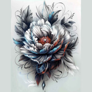 Lotus flower tattoo design concept in blue, white, and orange with black linework; pattern-rich project idea; not specifically for cover-up.