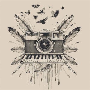 Camera with wings, feather, and leaf in black and grey ink; tattoo project idea suitable for a cover-up.
