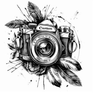 Camera with surrounding leaves and ink splashes in black and grey; tattoo design idea, cover-up suitable.