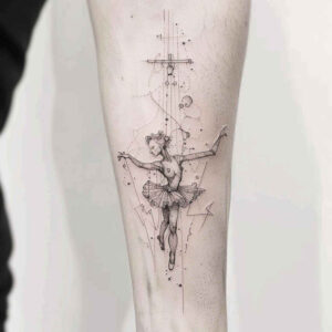 Crossed figure line tattoo on forearm in black ink with dots; a delicate project idea.