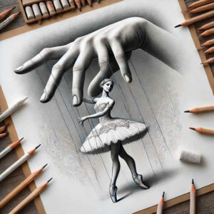 Black and grey tattoo project idea: a ballerina marionette with strings on lined paper, surrounded by pencils; cover-up suitable.